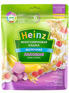 Каша молочная Heinz лакомая многозерновая банан, малина, с 6 мес., 170гр